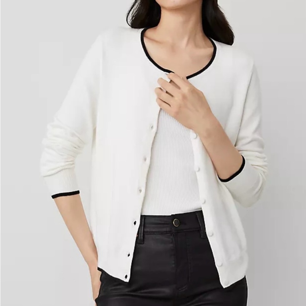 Ann Taylor Women's White Cardigan Sweater With Black Trim. Size XXL